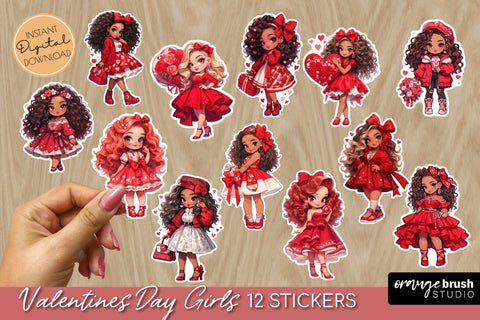 Valentine Stickers, Valentines Day Chibi Girl Stickers Sublimation OrangeBrushStudio 