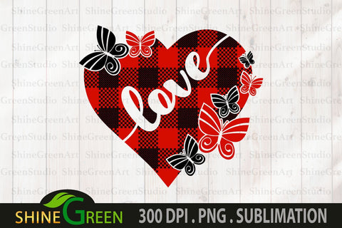 Valentine Sublimation - Heart Butterfly Buffalo Plaid PNG for Couple Shirts, Mugs Sublimation Shine Green Art 