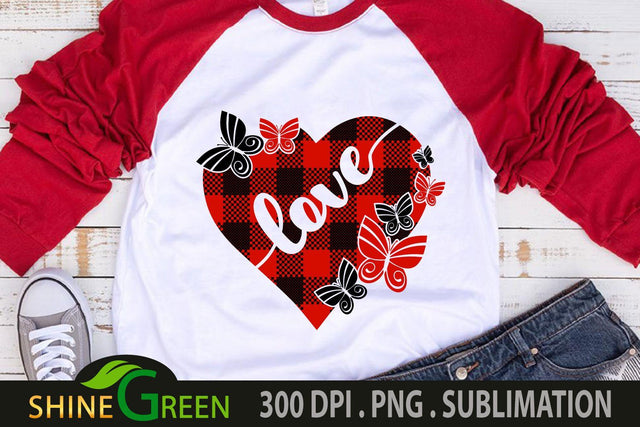 Valentine Sublimation - Heart Butterfly Buffalo Plaid PNG for Couple Shirts, Mugs Sublimation Shine Green Art 