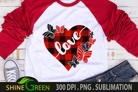 Valentine Sublimation - Heart Butterfly Buffalo Plaid PNG for Couple Shirts, Mugs Sublimation Shine Green Art 