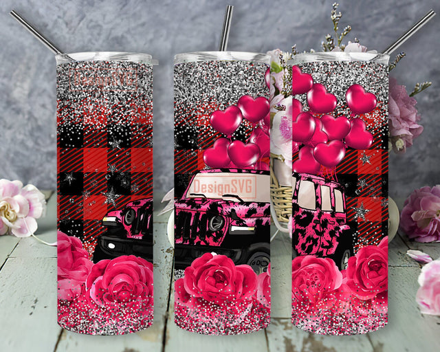 Valentine Truck 20oz Skinny Tumbler, Leopard Truck Balloons Tumbler Png, Roses Design Png, Valentine Plaid Glitter Tumbler Wrap, Valentine's Day Gift, Digital Download Sublimation DesignSVG 