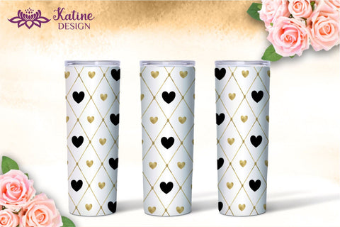 Valentine Tumbler, Valentines tumbler, Valentines Day Tumbler, Heart Tumbler, Love Tumbler, Tumbler Bundle, Wrap Sublimation design for 20 Oz Skinny Tumbler. Geometric patterns and hearts for 20 Oz Skinny Tumbler. Black and gold glitter with gold foil. Sublimation KatineDesign 