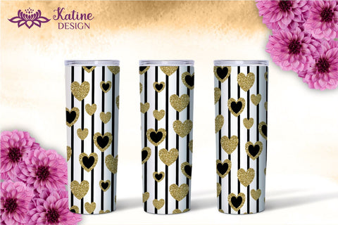 Valentine Tumbler, Valentines tumbler, Valentines Day Tumbler, Heart Tumbler, Love Tumbler, Tumbler Bundle, Wrap Sublimation design for 20 Oz Skinny Tumbler. Geometric patterns and hearts for 20 Oz Skinny Tumbler. Black and gold glitter with gold foil. Sublimation KatineDesign 