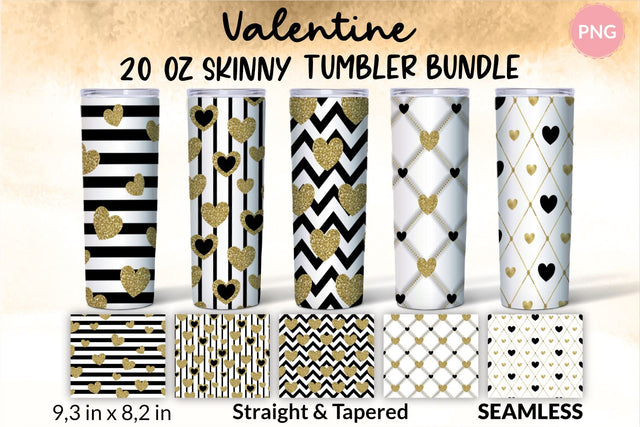 Valentine Tumbler, Valentines tumbler, Valentines Day Tumbler, Heart Tumbler, Love Tumbler, Tumbler Bundle, Wrap Sublimation design for 20 Oz Skinny Tumbler. Geometric patterns and hearts for 20 Oz Skinny Tumbler. Black and gold glitter with gold foil. Sublimation KatineDesign 