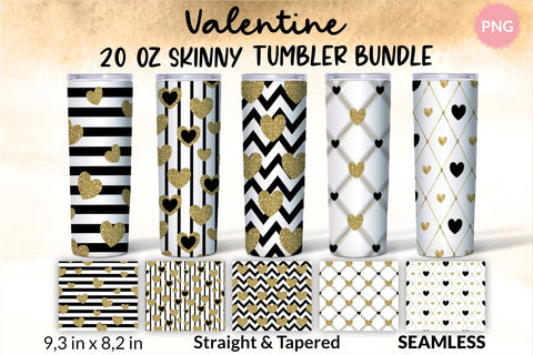 Valentine Tumbler, Valentines tumbler, Valentines Day Tumbler, Heart Tumbler, Love Tumbler, Tumbler Bundle, Wrap Sublimation design for 20 Oz Skinny Tumbler. Geometric patterns and hearts for 20 Oz Skinny Tumbler. Black and gold glitter with gold foil. Sublimation KatineDesign 