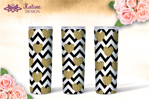 Valentine Tumbler, Valentines tumbler, Valentines Day Tumbler, Heart Tumbler, Love Tumbler, Tumbler Bundle, Wrap Sublimation design for 20 Oz Skinny Tumbler. Geometric patterns and hearts for 20 Oz Skinny Tumbler. Black and gold glitter with gold foil. Sublimation KatineDesign 