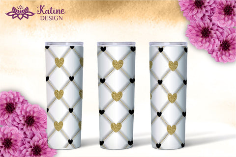 Valentine Tumbler, Valentines tumbler, Valentines Day Tumbler, Heart Tumbler, Love Tumbler, Tumbler Bundle, Wrap Sublimation design for 20 Oz Skinny Tumbler. Geometric patterns and hearts for 20 Oz Skinny Tumbler. Black and gold glitter with gold foil. Sublimation KatineDesign 