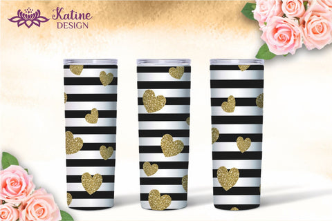 Valentine Tumbler, Valentines tumbler, Valentines Day Tumbler, Heart Tumbler, Love Tumbler, Tumbler Bundle, Wrap Sublimation design for 20 Oz Skinny Tumbler. Geometric patterns and hearts for 20 Oz Skinny Tumbler. Black and gold glitter with gold foil. Sublimation KatineDesign 