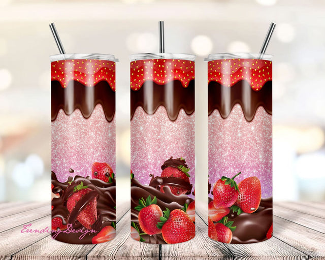 Valentines 20oz Tumbler Wrap PNG, Dripping Chocolate and Strawberries PNG, Sublimation Design Sublimation TrendingDesign 