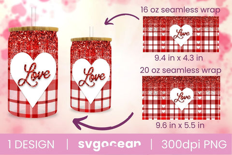 Valentines Buffalo Plaid Can Glass Bundle | PNG | 16 Oz | 20 Oz Libbey Glass Sublimation SvgOcean 