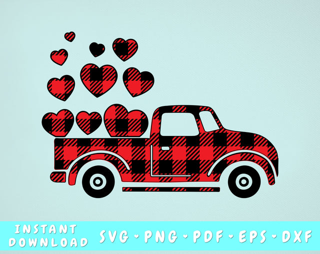 Valentine's Buffalo Plaid Truck SVG, Valentines Truck With Hearts SVG, Vintage Truck SVG, Truck PNG SVG HappyDesignStudio 