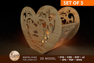 Valentines Candle Holder Heart SET Night Light Gifts Box SVG LaserCutano 