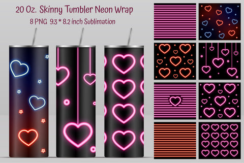 Valentine's Day 20 Oz Straight Skinny Tumbler Design With Neon Hearts And Stripes Sublimation Kseniia designer 