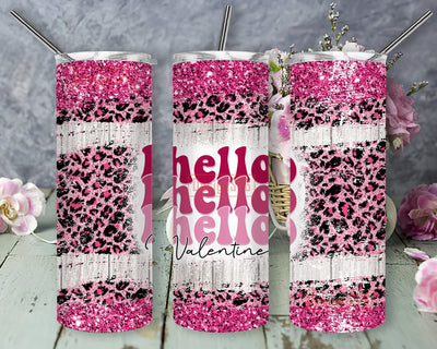 Valentine's Day 20oz Skinny Tumbler, Hello Hello Hello Valentine Tumbler Png, Pink Leopard Glitter Tumbler Wrap, Love Valentines Sublimation Design, Digital Download Sublimation DesignSVG 