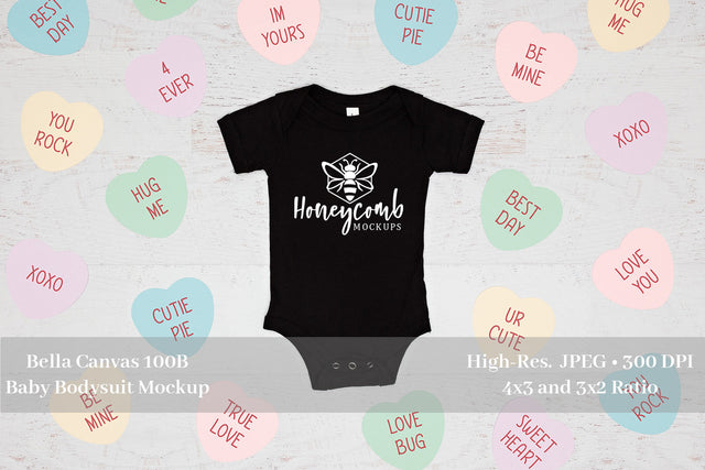 Valentines Day Baby Mockup, Bella Canvas 100B Black, Baby Bodysuit Mockup, Baby One Piece Mockup Mock Up Photo Honeycomb Mockups 
