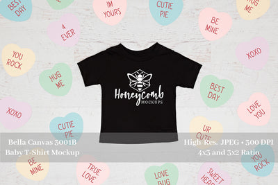Valentines Day Baby Mockup, Black Bella Canvas 3001B, Black Baby T-Shirt Mockup Mock Up Photo Honeycomb Mockups 