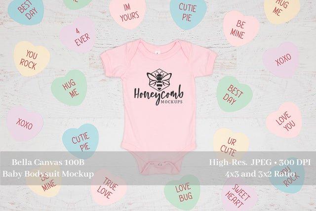 Valentines Day Baby Mockup, Pink Bella Canvas 100B, Baby Bodysuit Mockup Mock Up Photo Honeycomb Mockups 