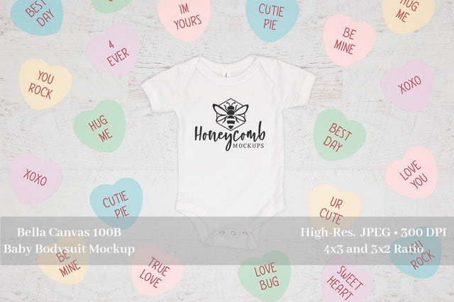 Valentines Day Baby Mockup, White Bella Canvas 100B, Baby Bodysuit Mockup Mock Up Photo Honeycomb Mockups 