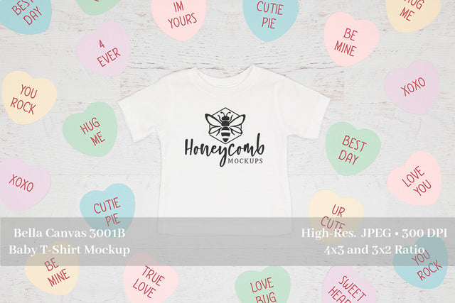Valentines Day Baby Mockup, White Bella Canvas 3001B Mockup, White Baby T-Shirt Mockup Mock Up Photo Honeycomb Mockups 