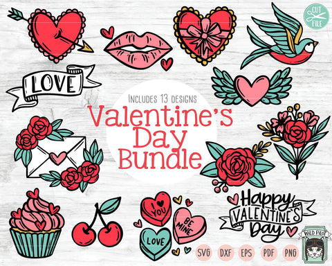 Valentines Day Bundle SVG Cut File, Happy Valentines Day Cricut SVG, Candy Hearts SVG, Cupcake SVG, Cherries SVG, Bird SVG, Heart SVG, Lips SVG, Flowers SVG, Envelope SVG, Chocolate SVG SVG Wild Pilot 