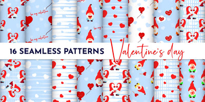 Valentines day digital paper. Valentines Gnome patterns. PNG SVG Angelina Semenova 