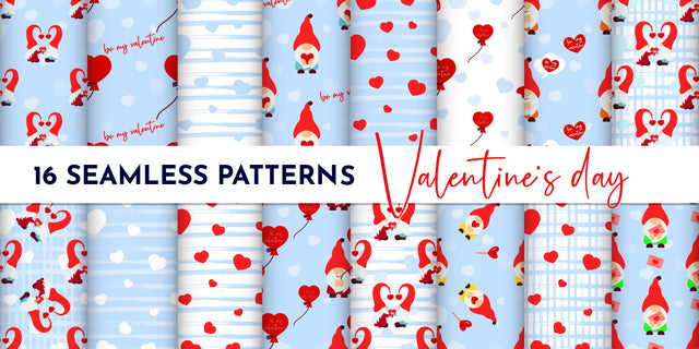 Valentines day digital paper. Valentines Gnome patterns. PNG SVG Angelina Semenova 