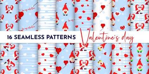 Valentines day digital paper. Valentines Gnome patterns. PNG SVG Angelina Semenova 