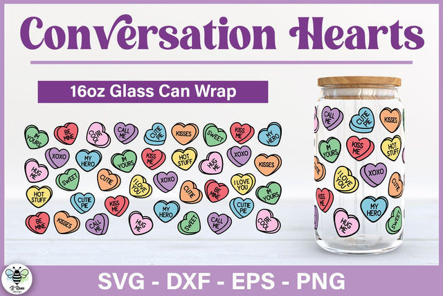 Valentine's Day Glass Can SVG | Conversation Hearts 16oz Wrap SVG B Renee Design 