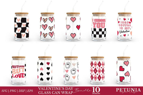 Valentines Day Glass Can Wrap SVG BUNDLE | 16 Oz Can Glass SVG Petunia Digital Design 