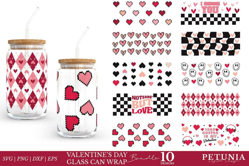 Valentines Day Glass Can Wrap SVG BUNDLE | 16 Oz Can Glass SVG Petunia Digital Design 
