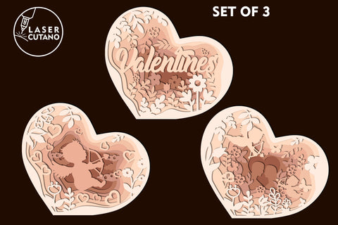 Valentines Day Heart Set Of 3 Multilayer Laser Cut Files, SVG, 3D Designs, Mini Design Bundles, Paper Cut Template SVG LaserCutano 
