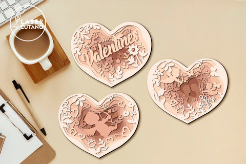Valentines Day Heart Set Of 3 Multilayer Laser Cut Files, SVG, 3D Designs, Mini Design Bundles, Paper Cut Template SVG LaserCutano 