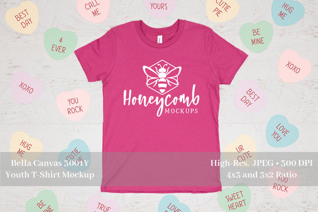 Valentines Day Kids Mockup, Berry Bella Canvas 3001Y, Youth Shirt Mockup Mock Up Photo Honeycomb Mockups 