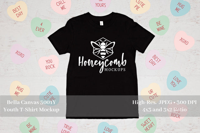 Valentines Day Kids Mockup, Black Bella Canvas 3001Y Mockup, Youth Shirt Mockup Mock Up Photo Honeycomb Mockups 