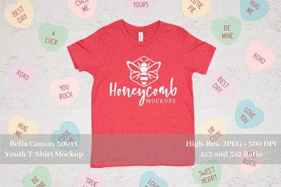 Valentines Day Kids Mockup, Heather Red Bella Canvas 3001Y Mockup, Youth Shirt Mockup Mock Up Photo Honeycomb Mockups 