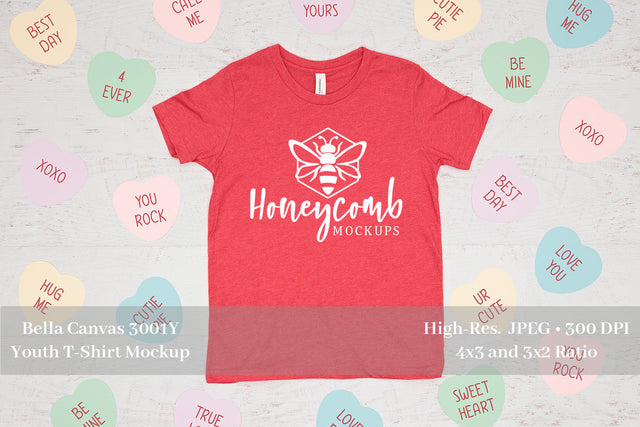 Valentines Day Kids Mockup, Heather Red Bella Canvas 3001Y Mockup, Youth Shirt Mockup Mock Up Photo Honeycomb Mockups 