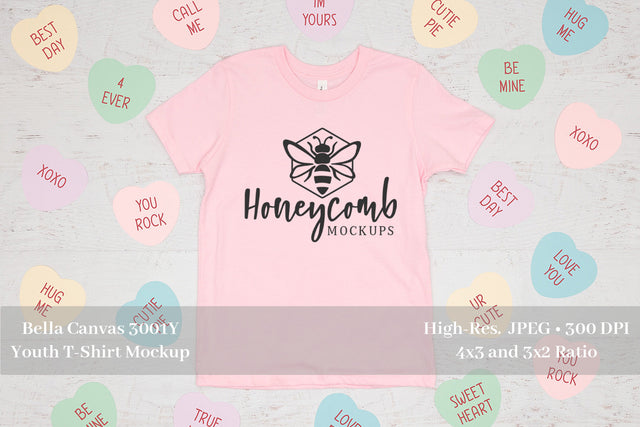 Valentines Day Kids Mockup, Pink Bella Canvas 3001Y Mockup, Youth Shirt Mockup Mock Up Photo Honeycomb Mockups 