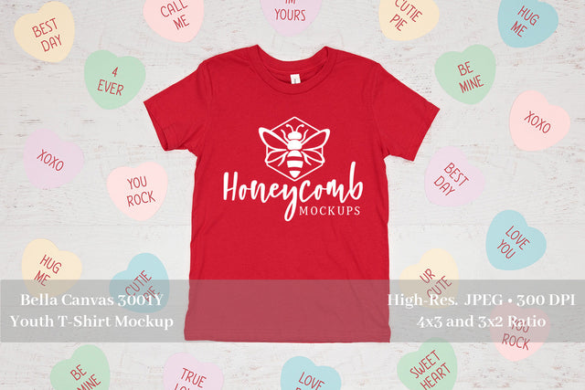 Valentines Day Kids Mockup, Red Bella Canvas 3001Y Mockup, Youth Shirt Mockup Mock Up Photo Honeycomb Mockups 
