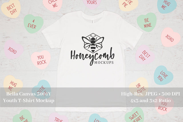 Valentines Day Kids Mockup, White Bella Canvas 3001Y, Youth Shirt Mockup Mock Up Photo Honeycomb Mockups 