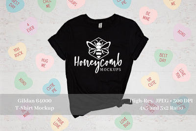 Valentines Day Mockup, Black Gildan 64000 Softstyle T-Shirt Mockup, Black T-Shirt Mockup Mock Up Photo Honeycomb Mockups 