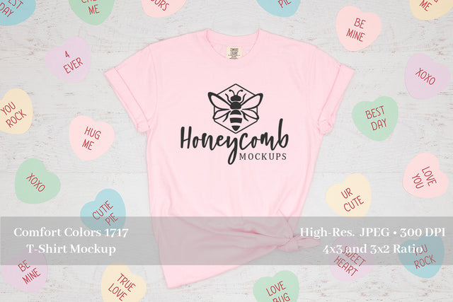 Valentines Day Mockup, Comfort Colors 1717 Blossom, Women's Pink T-Shirt Mockup Mock Up Photo Honeycomb Mockups 