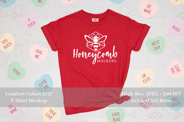 Valentines Day Mockup, Comfort Colors 1717 Red, Women's Red T-Shirt Mockup Mock Up Photo Honeycomb Mockups 