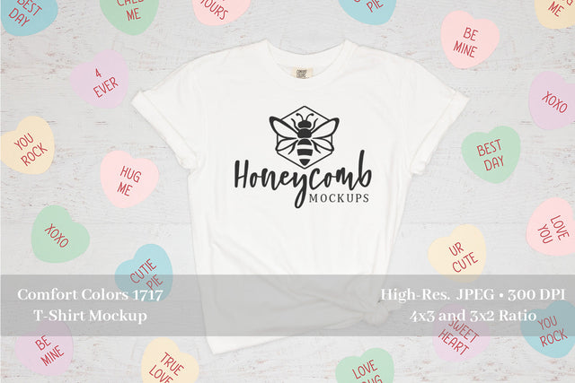 Valentines Day Mockup, Comfort Colors 1717 White, Women's White T-Shirt Mockup Mock Up Photo Honeycomb Mockups 