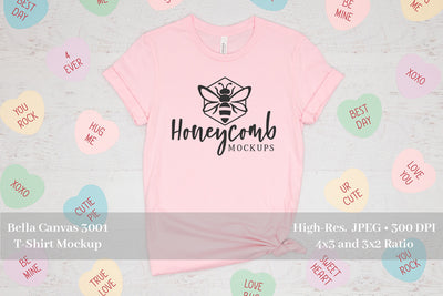 Valentines Day Mockup, Pink Bella Canvas 3001 Mockup, Conversation Hearts Mockup Mock Up Photo Honeycomb Mockups 