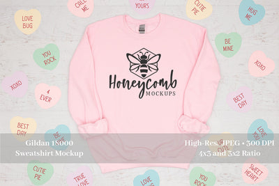 Valentines Day Mockup, Pink Gildan 18000 Sweatshirt Mockup, Pink Sweatshirt Mockup Mock Up Photo Honeycomb Mockups 