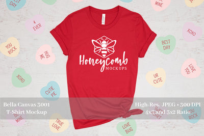 Valentines Day Mockup, Red Bella Canvas 3001 Mockup, Conversation Hearts T-shirt Mockup Mock Up Photo Honeycomb Mockups 