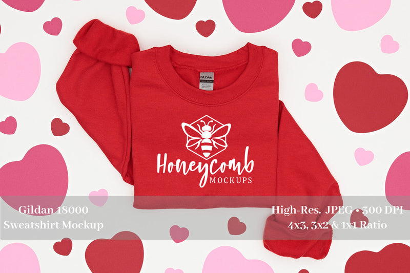 Valentine's Day Mockup, Red Gildan 18000 Mockup, Red Sweatshirt Mockup Mock Up Photo Honeycomb Mockups 