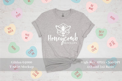 Valentines Day Mockup, Sport Grey Gildan 64000 Softstyle T-Shirt Mockup, Grey T-Shirt Mockup Mock Up Photo Honeycomb Mockups 
