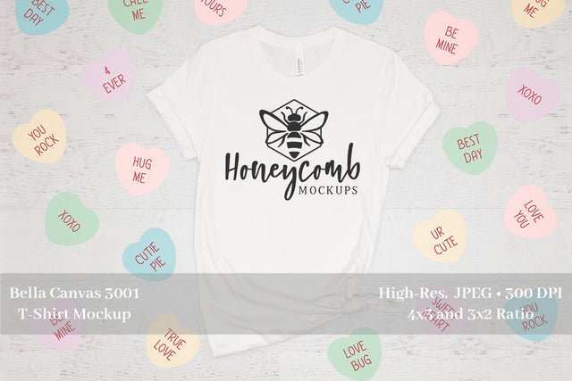 Valentines Day Mockup, White Bella Canvas 3001 Mockup, Conversation Hearts T-Shirt Mockup Mock Up Photo Honeycomb Mockups 