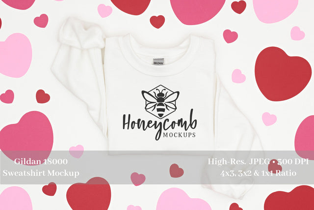 Valentine's Day Mockup, White Gildan 18000 Mockup, White Sweatshirt Mockup Mock Up Photo Honeycomb Mockups 
